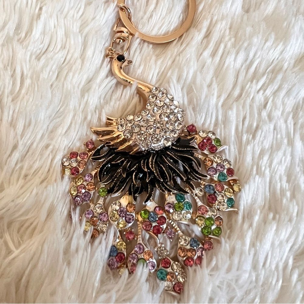 Colorful Crystallized Peacock Keychain Bag Charm NEW